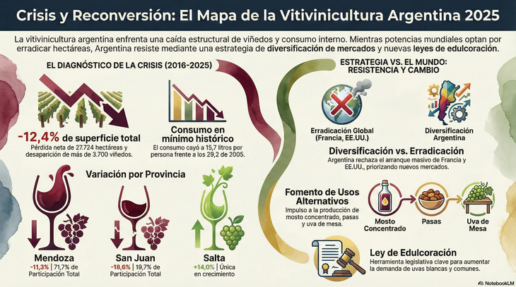 La crisis de la vitinicultura en una infografía. Gráfico: Notebooklm La crisis de la vitinicultura en una infografía. Gráfico: Notebooklm