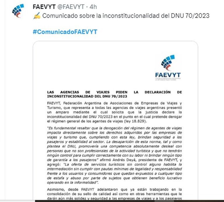 Comunicado de la Federación Argentina de Asociaciones de Empresas de Viajes y Turismo por el DNU 70. Comunicado de la Federación Argentina de Asociaciones de Empresas de Viajes y Turismo por el DNU 70.