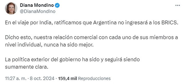 La aclaración de Diana Mondino en redes sociales sobre lo ocurrido con los BRICS. La aclaración de Diana Mondino en redes sociales sobre lo ocurrido con los BRICS.