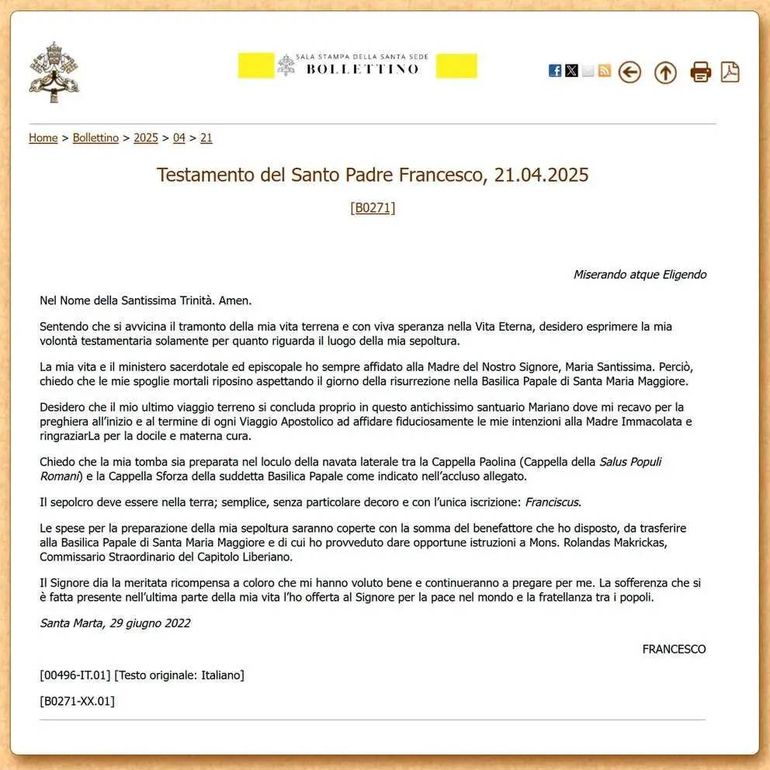 El Vaticano dio a conocer el testamento del papa Francisco: ¿Cuál fue su  última voluntad?