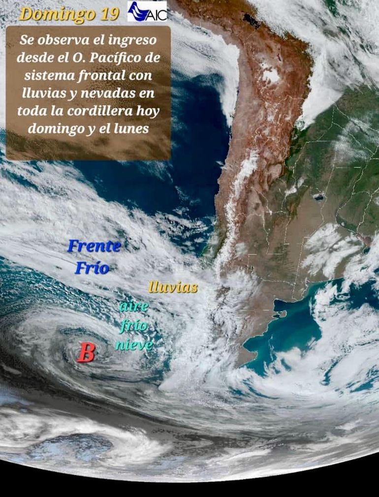 La AIC muestra la masa de aire frío y nevadas que ingresa a la cordillera. La AIC muestra la masa de aire frío y nevadas que ingresa a la cordillera.