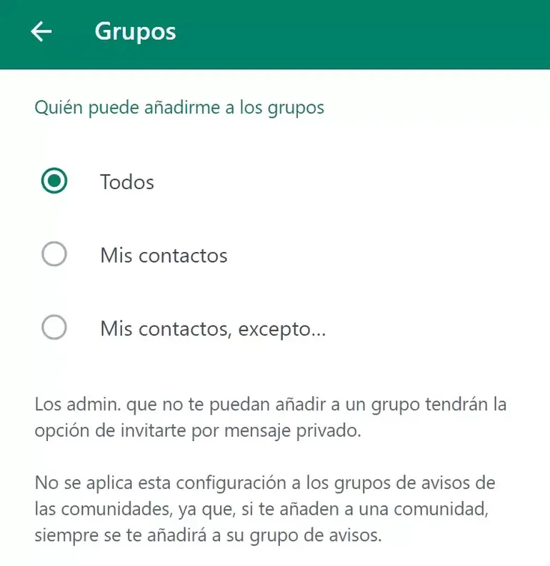 Esta opción permite elegir quién puede invitar a un grupo de WhatsApp. Esta opción permite elegir quién puede invitar a un grupo de WhatsApp.