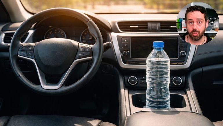 Dejar una botella de plástico de agua dentro del auto es peligroso por las altas temperaturas. Foto: IA y YouTube Breaking Vlad.&nbsp;