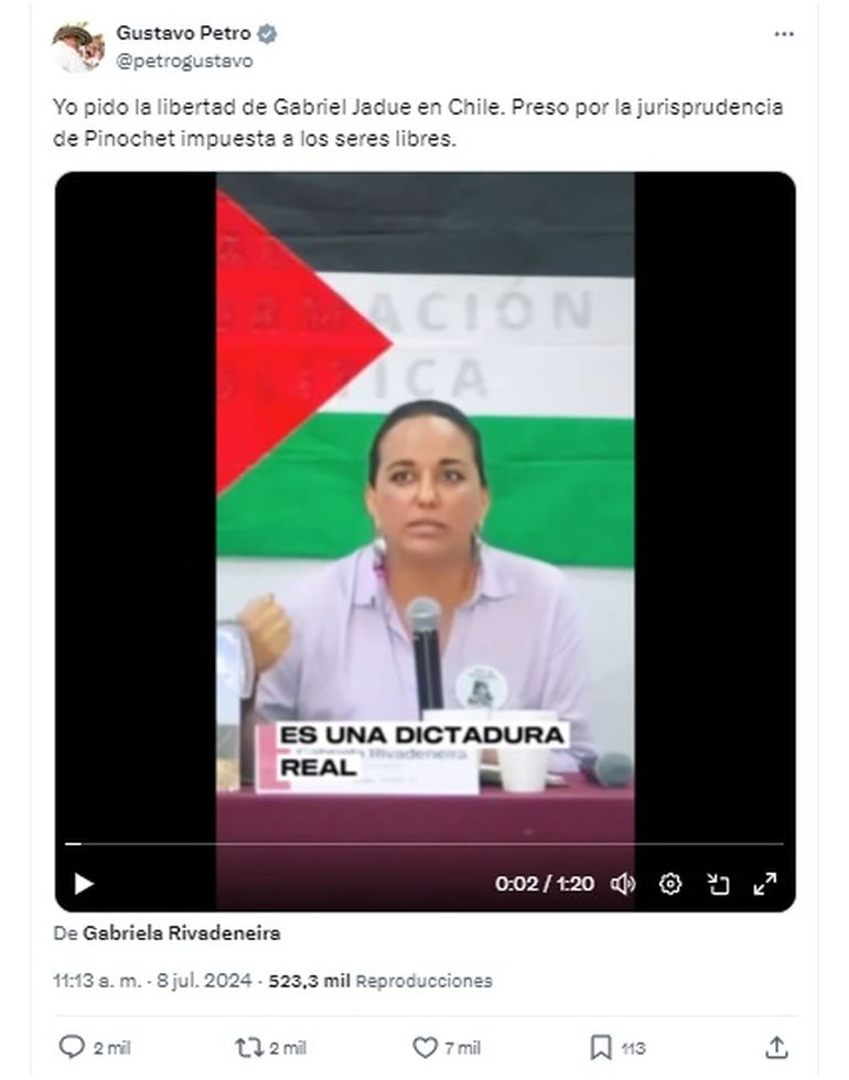 El posteo en X (Twitter) del presidente colombiano Gustavo Petro. El posteo en X (Twitter) del presidente colombiano Gustavo Petro.