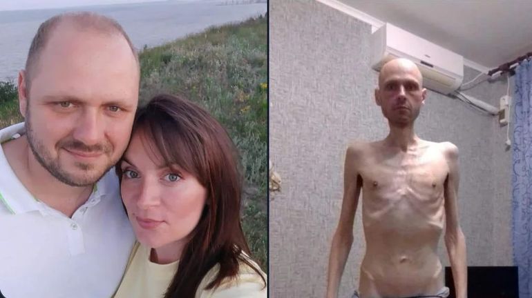 Volodimir Tsema Butsov, antes de ser capturado junto a su esposa, y después de dos años en prisión. Volodimir Tsema Butsov, antes de ser capturado junto a su esposa, y después de dos años en prisión.
