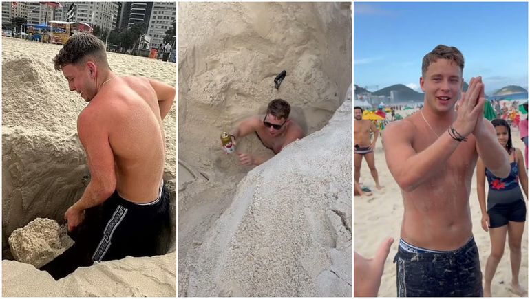 Mientras esperaba que lo saquen del pozo en la arena de Río de Janeiro, el joven británico incluso tomó una cerveza que le alcanzaron. Mientras esperaba que lo saquen del pozo en la arena de Río de Janeiro, el joven británico incluso tomó una cerveza que le alcanzaron.