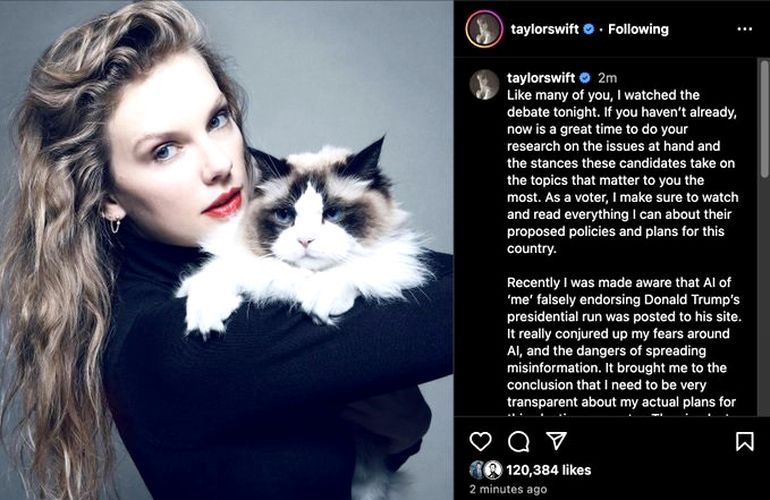 Taylor Swift dio su apoyo a Kamala Harris a través de su cuenta de Instagram. Taylor Swift dio su apoyo a Kamala Harris a través de su cuenta de Instagram.