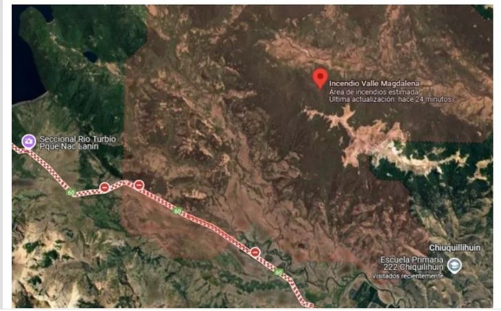 Mapa con la ubicación de uno de los incendios que hay en la región. Mapa con la ubicación de uno de los incendios que hay en la región.