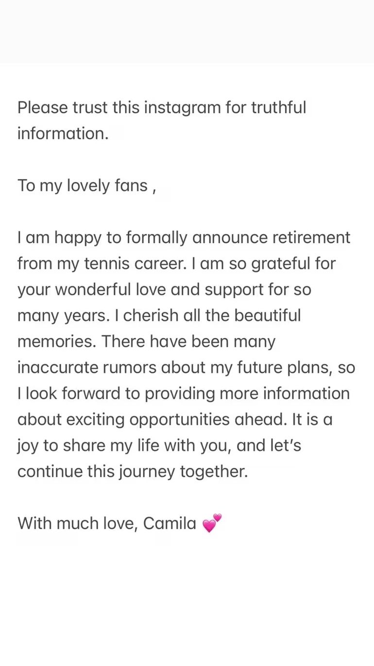 La tenista italoargentina publicó el comunicado en inglés e italiano. La tenista italoargentina publicó el comunicado en inglés e italiano.