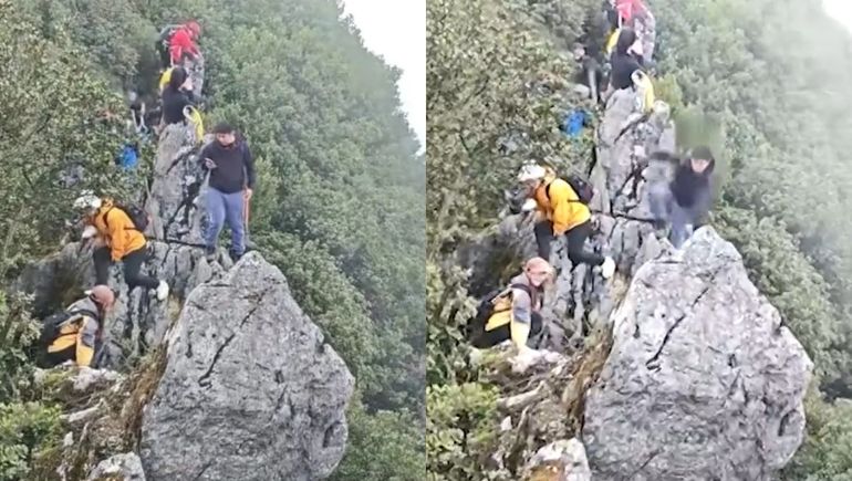 El hombre se subióe a una roca para tomarse una selfie pero cayó abruptamente al perder el equilibrio.