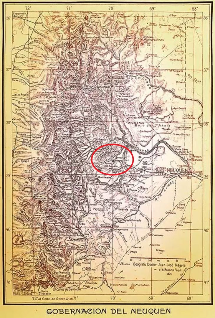 Mapa del territorio de Neuquén en 1921 donde se detalla la ubicación de las 