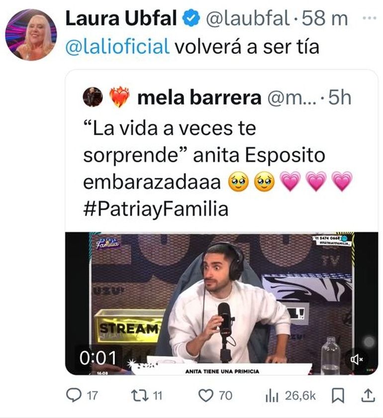 Laura Ubfal confirmó que Lali Espósito sería tía nuevamente, tras escuchar a la hermana de la cantante. Laura Ubfal confirmó que Lali Espósito sería tía nuevamente, tras escuchar a la hermana de la cantante.