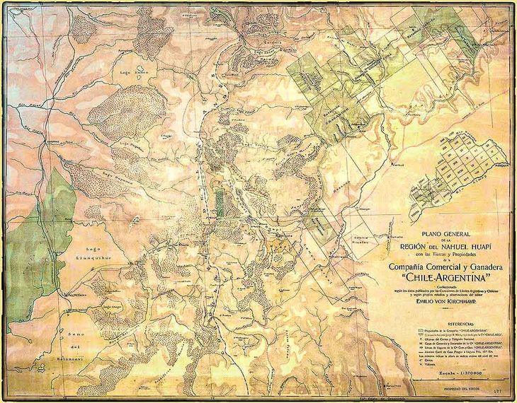 Plano general de la región del Nahuel Huapi (1909) con tierras y propiedades de la Compañía Sociedad Comercial y Ganadera Chile–Argentina.
