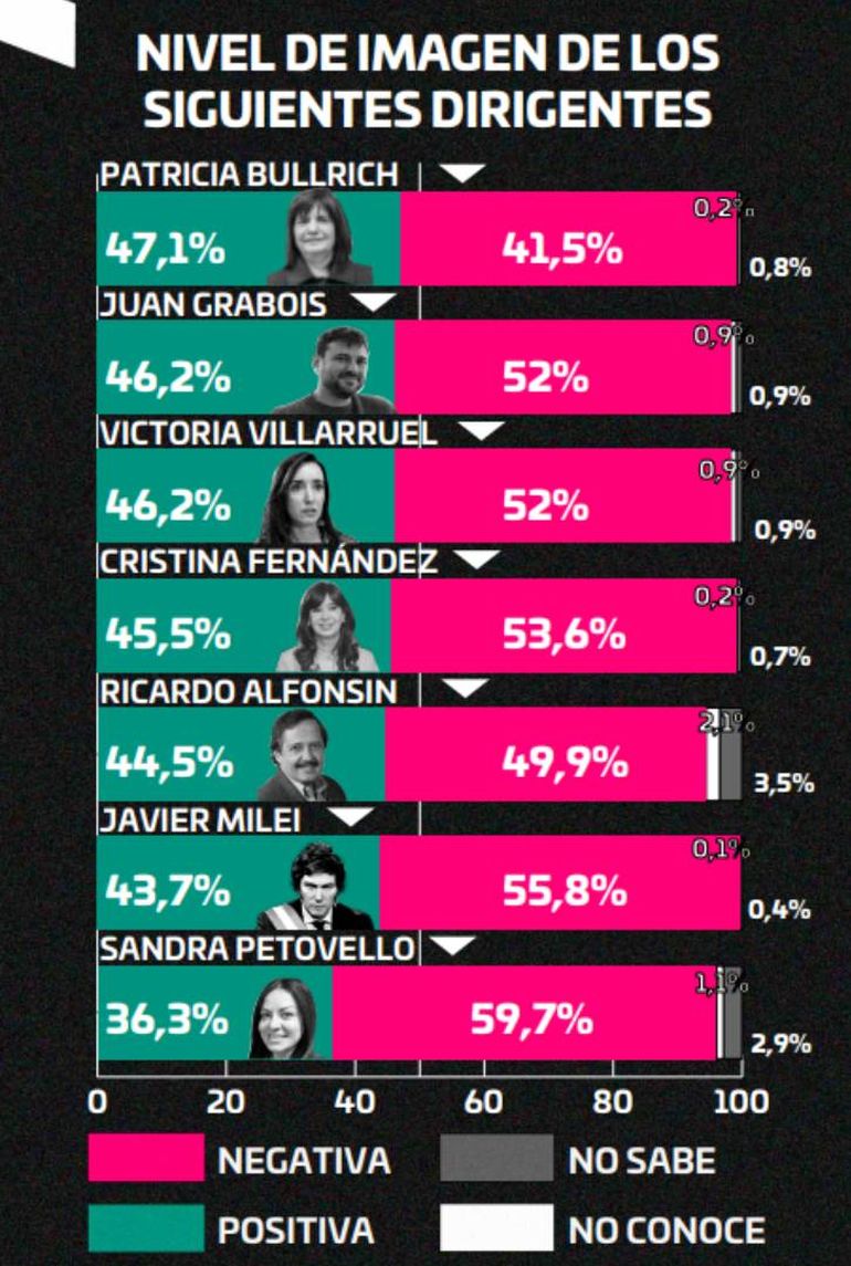 Nivel de imagen de los dirigentes. *Fe de erratas: el gráfico de Patricia Bullrich debería decir 51,9 en la barra roja. Nivel de imagen de los dirigentes. *Fe de erratas: el gráfico de Patricia Bullrich debería decir 51,9 en la barra roja.