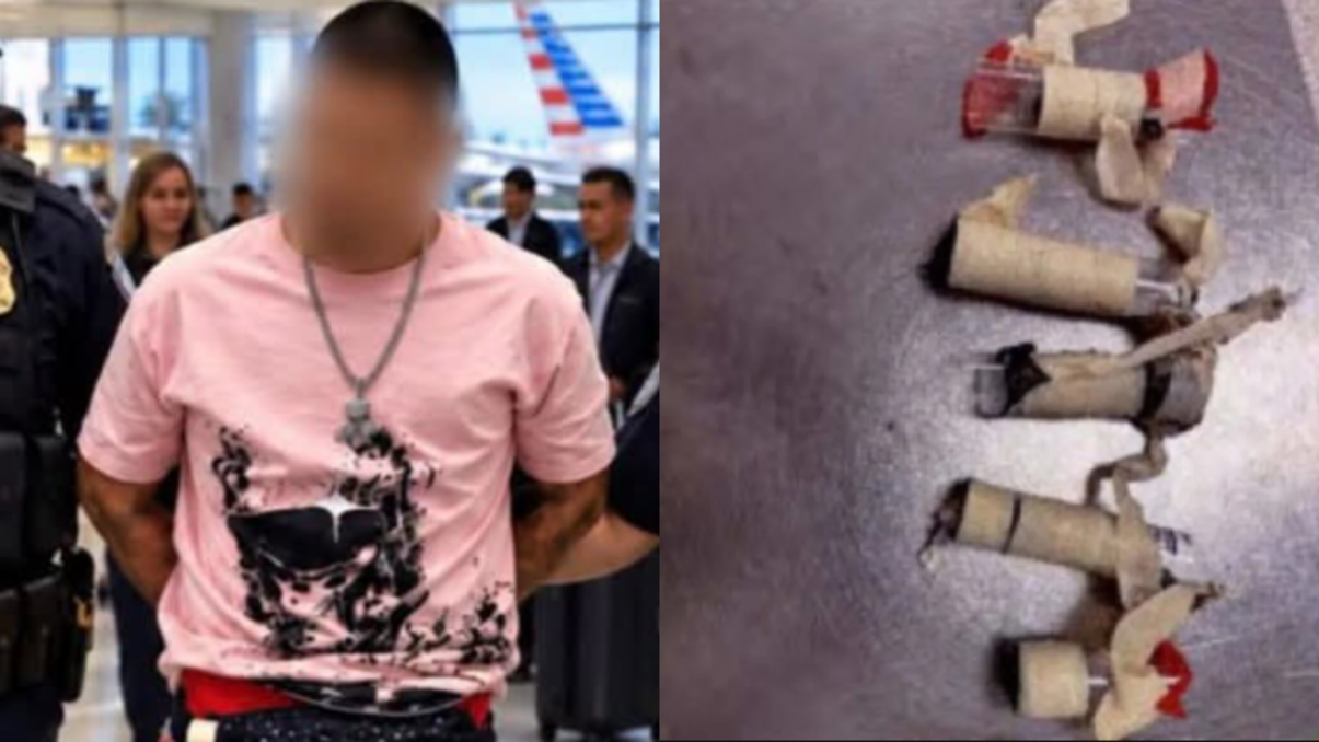 El pasajero investigado por contrabando y las aves recuperadas en el aeropuerto. Foto: Tribunal Federal del Distrito Sur de Florida.