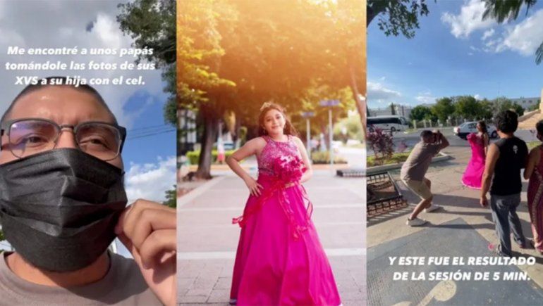El gesto de un fotógrafo con una quinceañera al ver su sesión de fotos caseras en la calle
