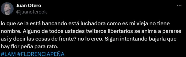 El tuit en apoyo de Juan Otero a Florencia Peña El tuit en apoyo de Juan Otero a Florencia Peña