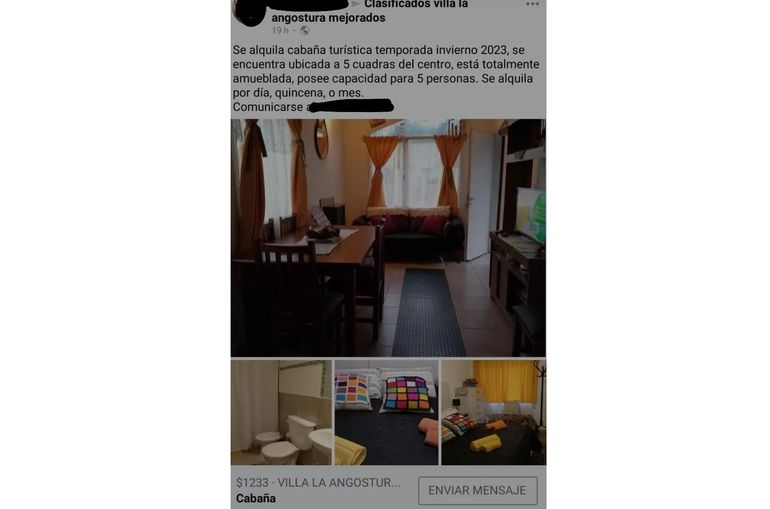 El aviso que promocionaba en Facebook la vivienda social para alquiler turístico.