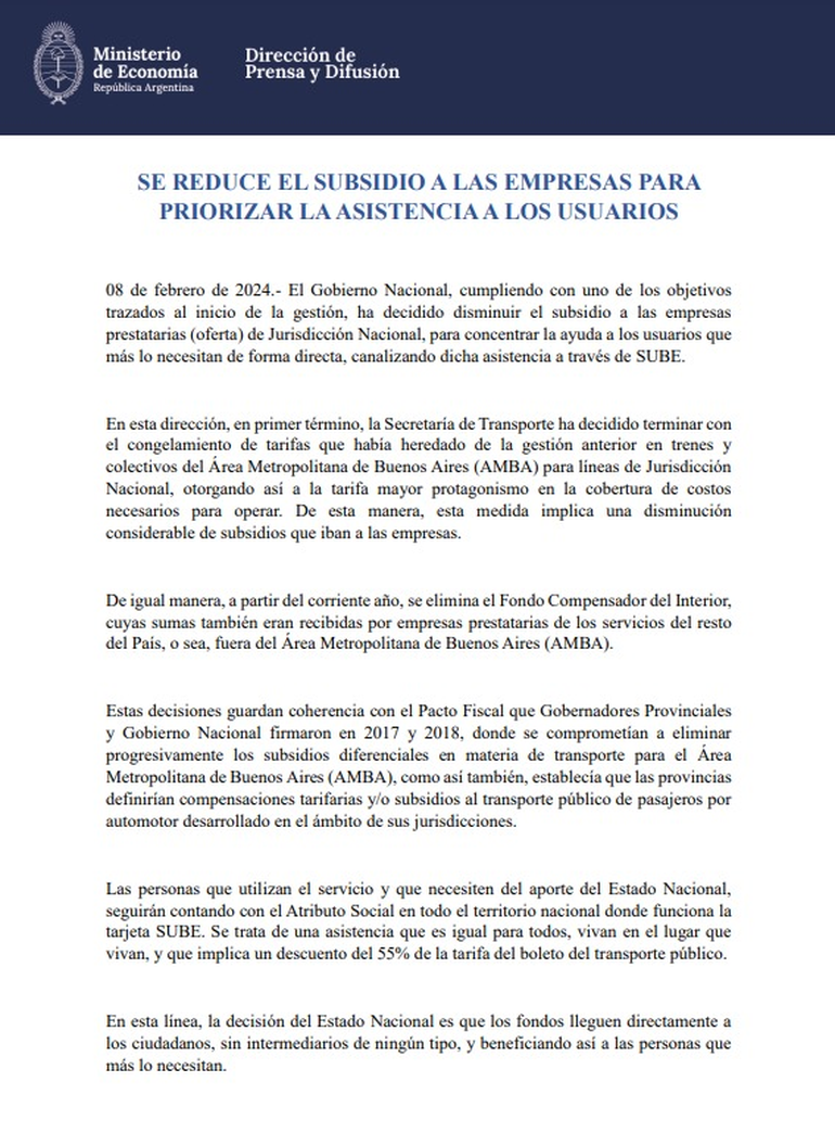 El subsidio al transporte público en el interior será removido por el Gobierno. El subsidio al transporte público en el interior será removido por el Gobierno.