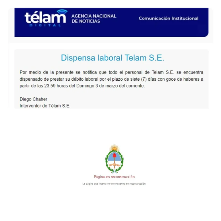 El comunicado de Télam respecto a la decisión del Gobierno. El comunicado de Télam respecto a la decisión del Gobierno.