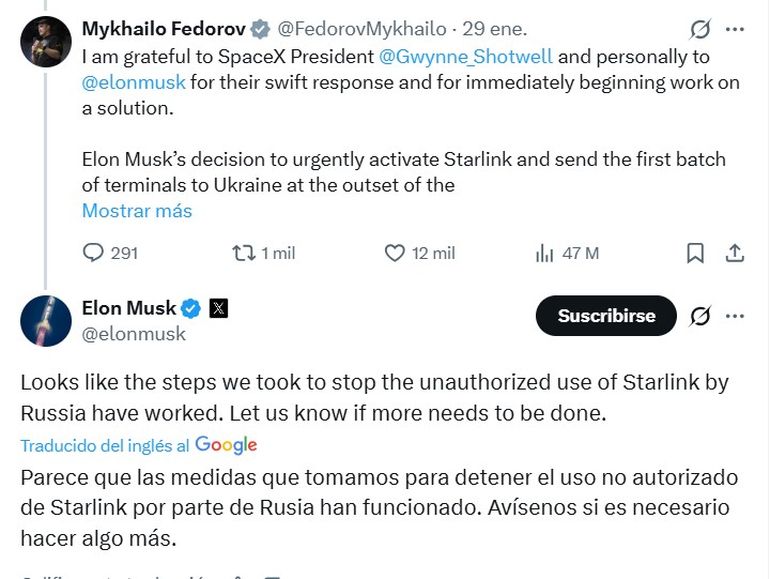 La respuesta de Elon Musk a la publicación en X del ministro de Defensa ucraniano, Mijailo Fedórov. La respuesta de Elon Musk a la publicación en X del ministro de Defensa ucraniano, Mijailo Fedórov.