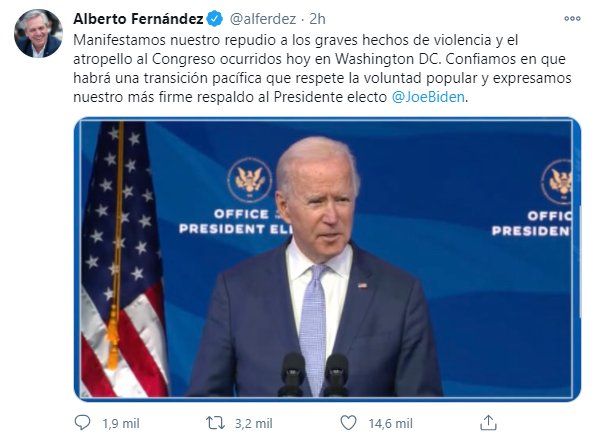 Alberto Fernández repudió los hechos violentos en el Capitolio de Estados Unidos y respaldó a Joe Biden