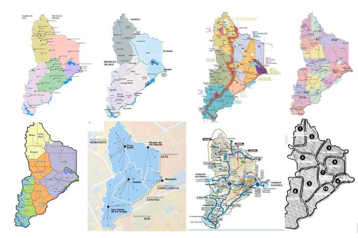 En los últimos años circularon numerosos mapas con propuestas de regionalización. 1-2014, Copade; 2- 2022, Ministerio de Producción e Industria; 3- 2020, Plan de reactivación turística; 4- 2021; 5- 2014, ETR-FAO-Neuquén y Río Negro; 6- 2023, Nueva agenda urbana; 7- 2006, Copade; y, 1999, Neuquén 2020. En los últimos años circularon numerosos mapas con propuestas de regionalización. 1-2014, Copade; 2- 2022, Ministerio de Producción e Industria; 3- 2020, Plan de reactivación turística; 4- 2021; 5- 2014, ETR-FAO-Neuquén y Río Negro; 6- 2023, Nueva agenda urbana; 7- 2006, Copade; y, 1999, Neuquén 2020.