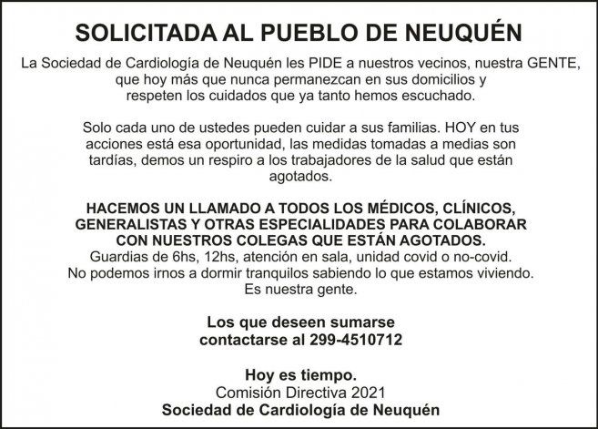 El sistema de salud neuquino se encuentra colapsado con el 100 % de las camas ocupadas.