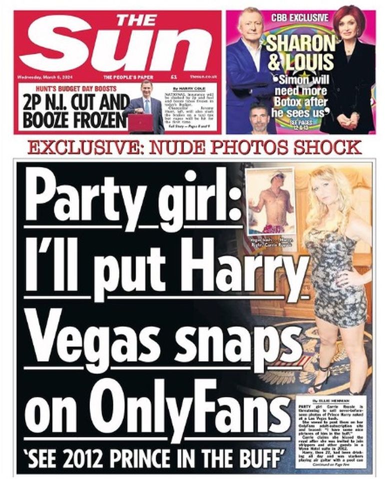 La tapa del diario británico The Sun, con la nota sobre Harry. La tapa del diario británico The Sun, con la nota sobre Harry.