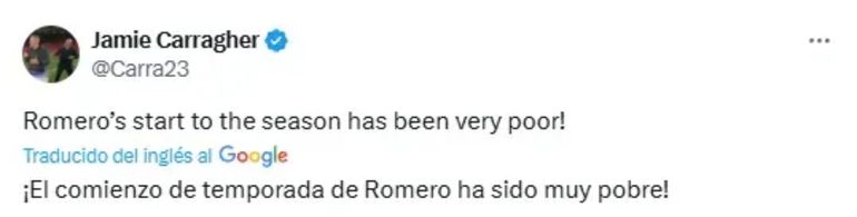 El posteo de Jamie Carragher contra el Cuti Romero El posteo de Jamie Carragher contra el Cuti Romero