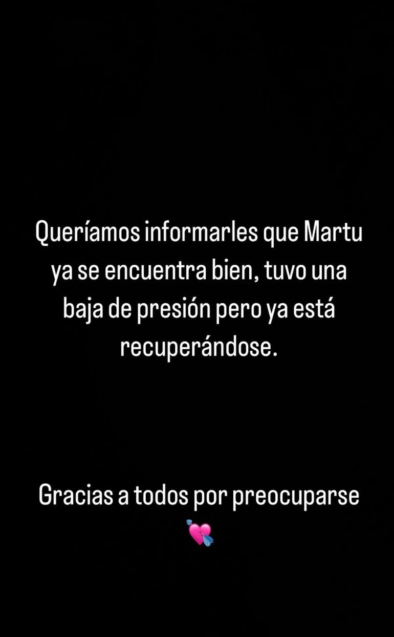 El comunicado de la familia de Martina por el desmayo dentro de Gran Hermano El comunicado de la familia de Martina por el desmayo dentro de Gran Hermano