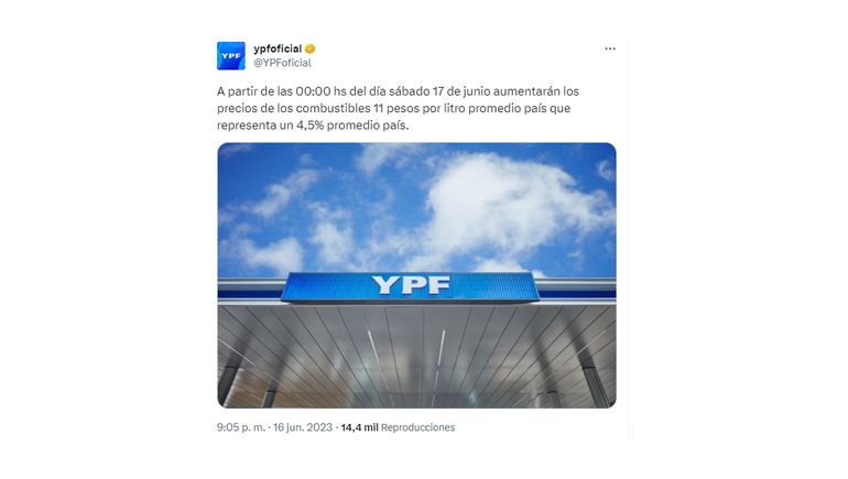 Anuncio del aumento de combustible en la cuenta oficial de YPF Anuncio del aumento de combustible en la cuenta oficial de YPF