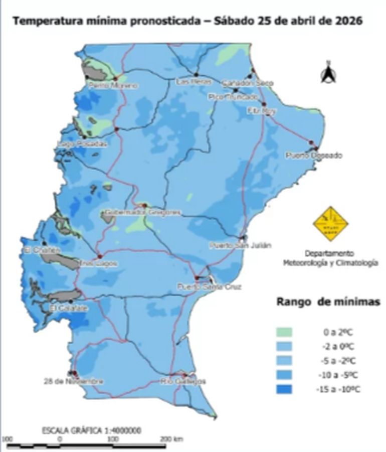 El mapa de las temperaturas que se esperan durante el fin de semana en Santa Cruz, difundido por Vialidad Provincial. El mapa de las temperaturas que se esperan durante el fin de semana en Santa Cruz, difundido por Vialidad Provincial.