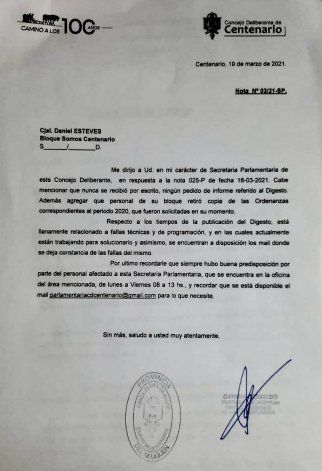 La nota donde el oficialismo de Centenario asegura que e digesto no funciona.