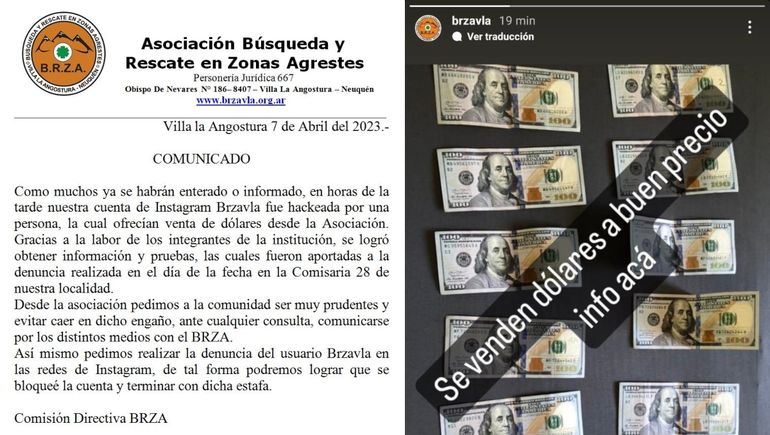 Hackearon el Instagram de un grupo de rescatistas para estafar con la venta de dólares