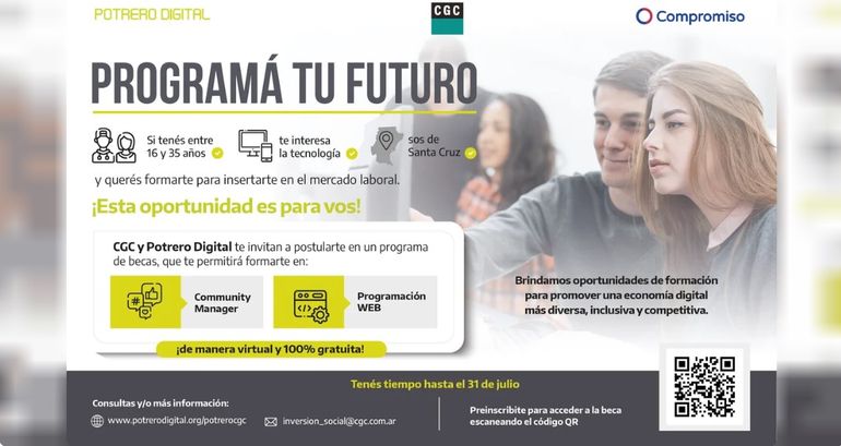El flyer del programa de capacitación con cursos de Comunity Manager y Soporte IT para jóvenes de Santa Cruz. El flyer del programa de capacitación con cursos de Comunity Manager y Soporte IT para jóvenes de Santa Cruz. 