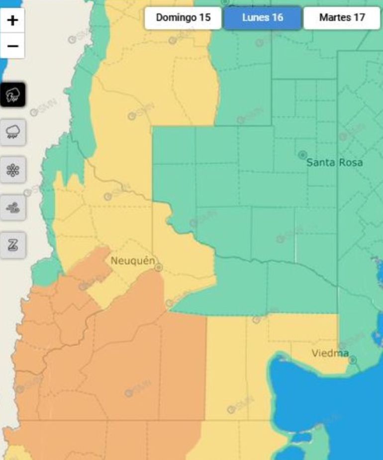 Para el lunes rige alerta naranja en gran parte del territorio de ambas provincias. Para el lunes rige alerta naranja en gran parte del territorio de ambas provincias.
