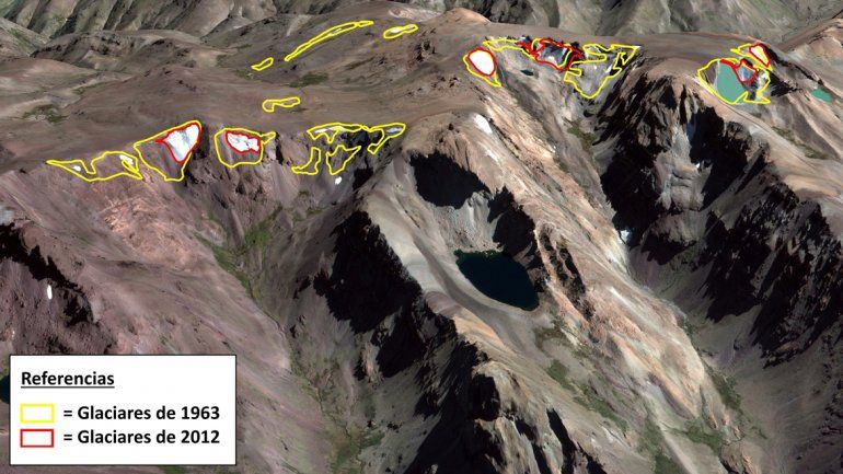&nbsp;Imagen satelital de algunos glaciares existentes para el período 1963-2012 en la Cordillera del Viento (fotos aportadas por los científicos de la Universidad Nacional del Comahue).