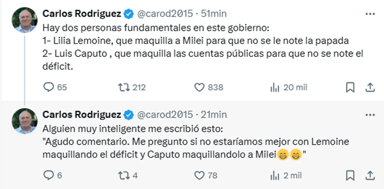 El ex asesor de Javier Milei cruzó a Caputo. El ex asesor de Javier Milei cruzó a Caputo.