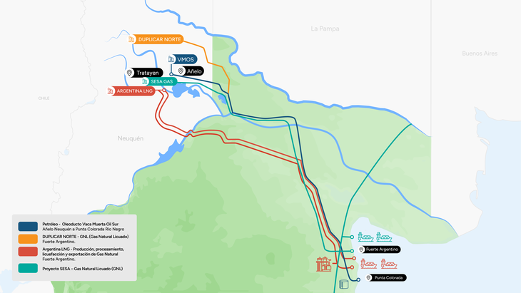 El mapa de los proyectos energéticos de Río Negro, que hoy en día se ubica como puerta de salida de la energía al mundo. (Imagen: Gob. Río Negro) El mapa de los proyectos energéticos de Río Negro, que hoy en día se ubica como puerta de salida de la energía al mundo. (Imagen: Gob. Río Negro)