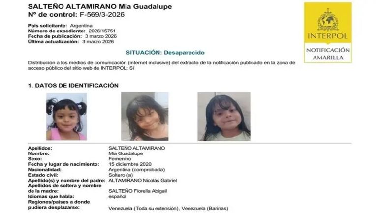La búsqueda de la niña desaparecida ya activó una alerta amarilla de INTERPOL y mecanismos de cooperación internacional. La búsqueda de la niña desaparecida ya activó una alerta amarilla de INTERPOL y mecanismos de cooperación internacional.