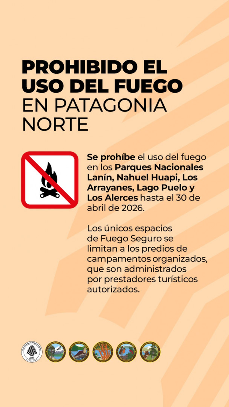 Parques Nacionales Lan&iacute;n, Nahuel Huapi, Los Arrayanes, Lago Puelo y Los Alerces: fuego totalmente prohibido hasta el 30 de abril de 2026 ante condiciones clim&aacute;ticas de peligro extremo de incendios. Foto: www.argentina.gob.ar