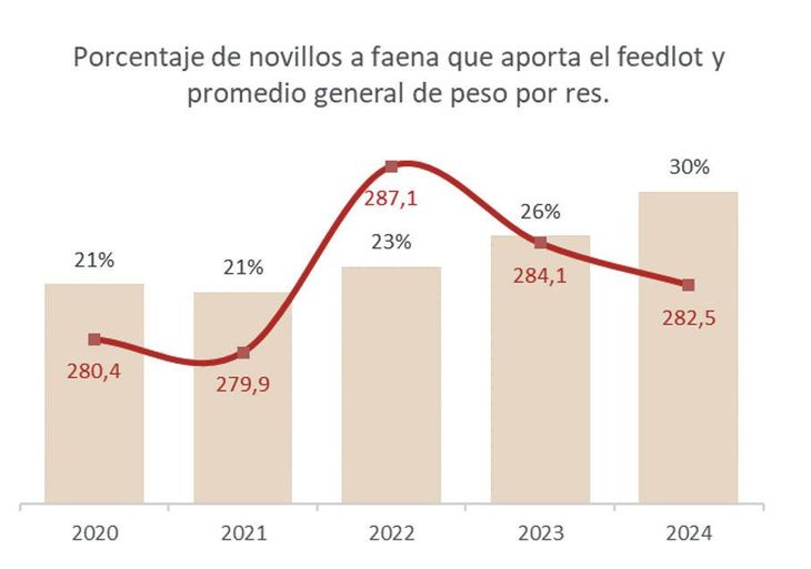 Porcentaje de novillos trasladados a faena provenientes de feedlots y peso medio obtenido en la faena total de la categoría (kilos equivalente res con hueso).