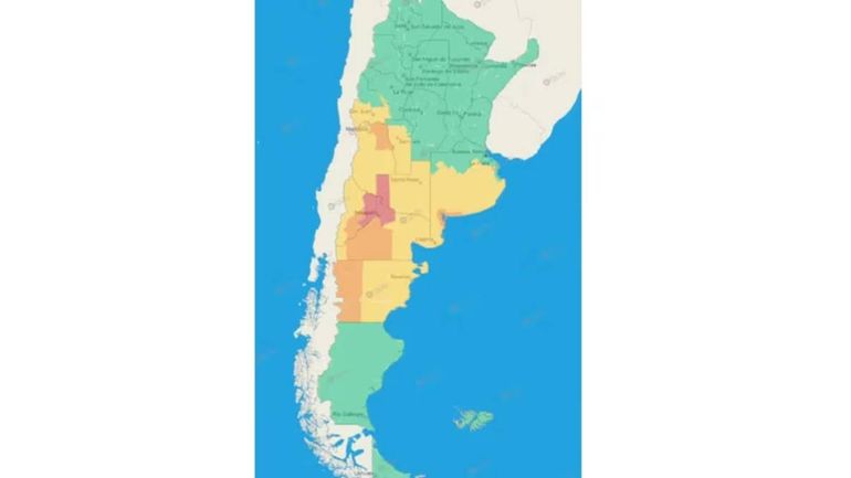 LA alerta del SMN por temperaturas extremas alcanza a las provincias de Buenos Aires, Córdoba, La Pampa, Neuquén, Río Negro, Chubut, Mendoza y San Juan. Foto: SMN.