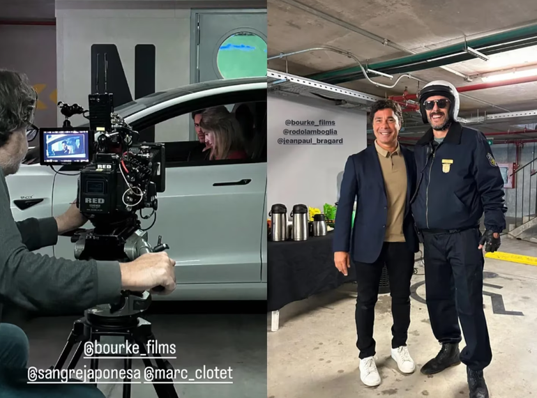 La China Suárez en pleno rodaje con el actor español Marc Clotet, muy cerca de Rodo Lamboglia, el productor argentino radicado en Miami.