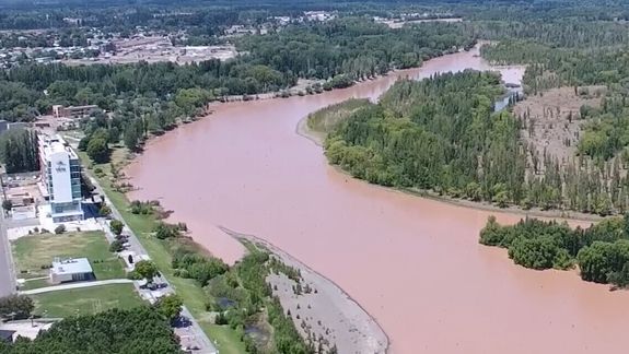 Desde el aire te mostramos como está el río Limay con el agua turbia