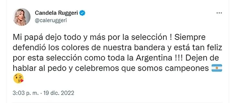 El twitt de Cande Ruggeri en defensa de su papá