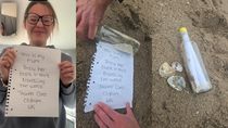 La joven de 24 años selló la botella de vidrio con los restos de madre y un emotivo mensaje en un papel.