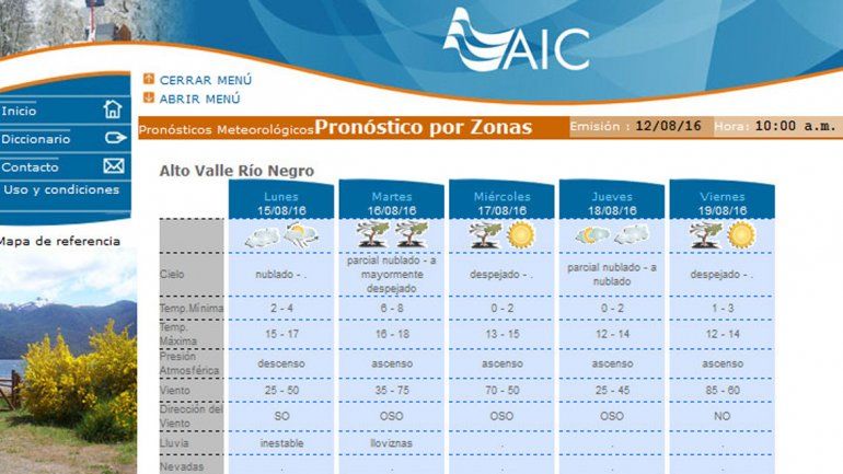 La página de la AIC muestra cómo estará el tiempo durante la semana.