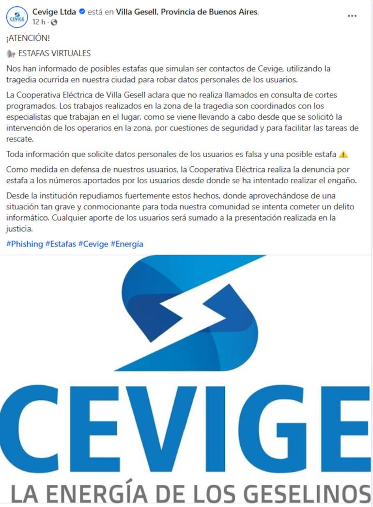 La cooperativa proveedora de energía eléctrica en Villa Gesell advirtió a los usuarios de no dar ningún dato telefónico a los delincuentes que se hacer pasar por operarios. Foto: X. La cooperativa proveedora de energía eléctrica en Villa Gesell advirtió a los usuarios de no dar ningún dato telefónico a los delincuentes que se hacer pasar por operarios. Foto: X.